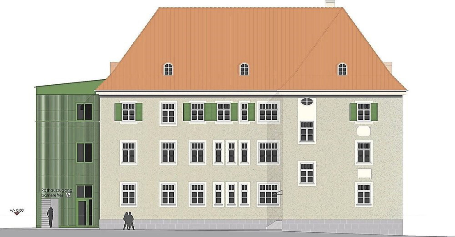 Plan des künftigen Rathauses: Auf der Rückseite das Aufzugsgebäude, das in diesen Tagen noch seine Spalierfassade bekommt. Der neue Anstrich wird erst im dritten Bauabschnitt in Angriff genommen. -Foto: Büro Hans Haslsteiner