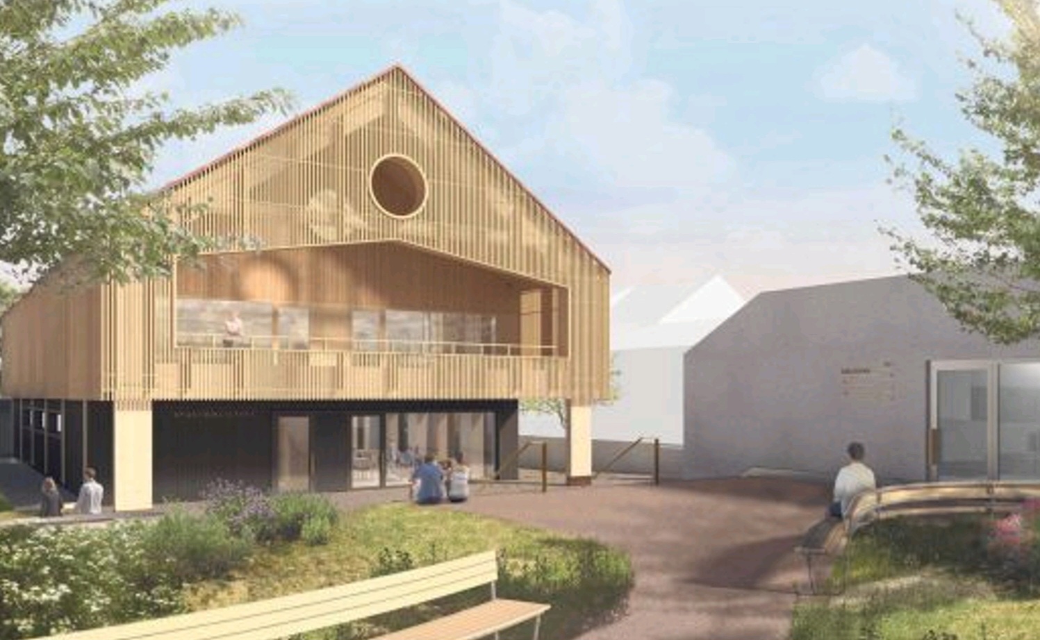 Moderne Architektur ganz in Holz: die Stadtbibliothek von vorne Moderne Architektur ganz in Holz: die Stadtbibliothek von vorne